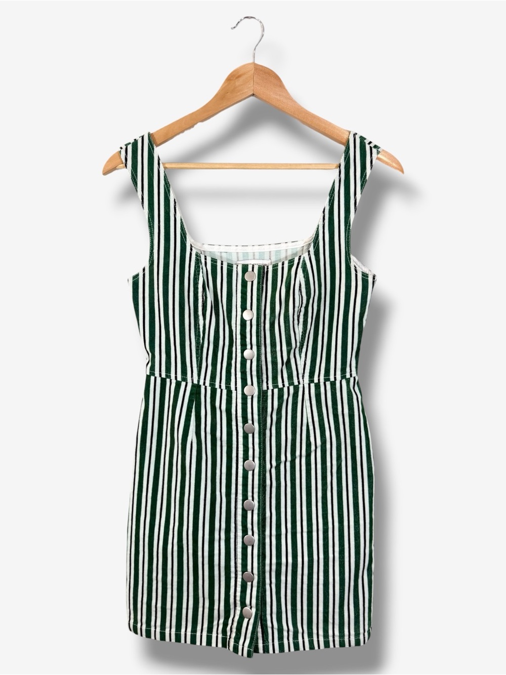 Urban Outfitters Corduroy Jumper Dress Size 2 Green White Stripe Snap Button